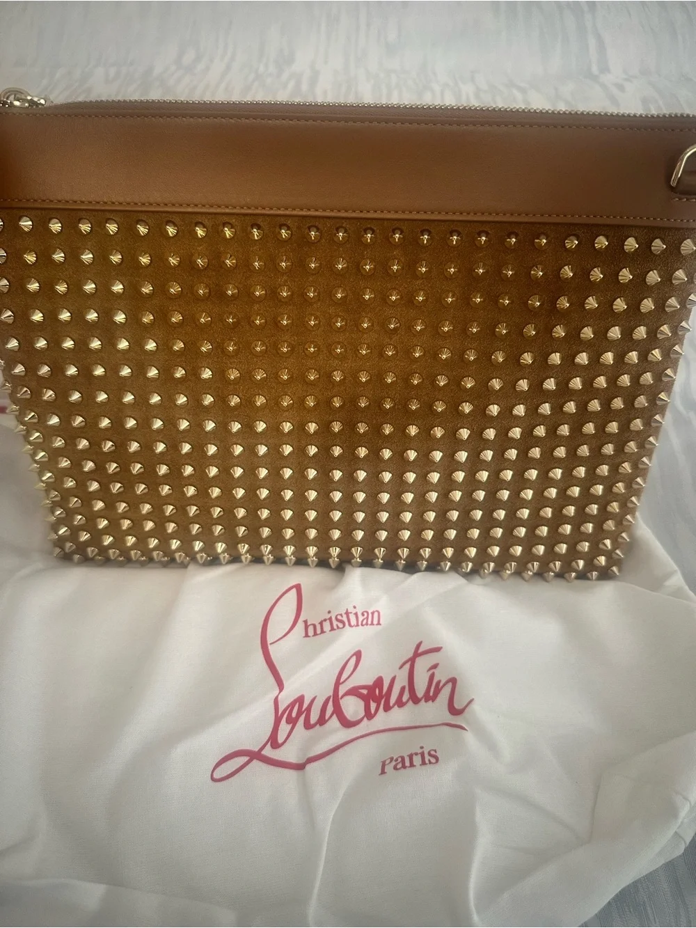 Christian Louboutin Suede Leather Wristlet Clutch in Tan